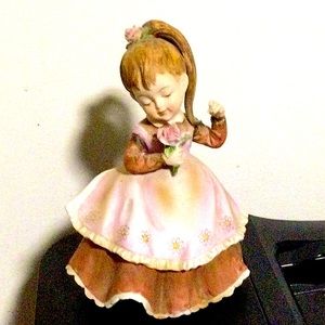 Lefton China Girl Figurine Holding Flower Ponytail Brown Dress